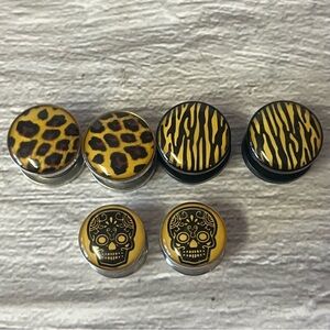 Skulls & Yellow/Black Acrylic Tiger  & Leopard Pattern Plug Earrings Set Of 3